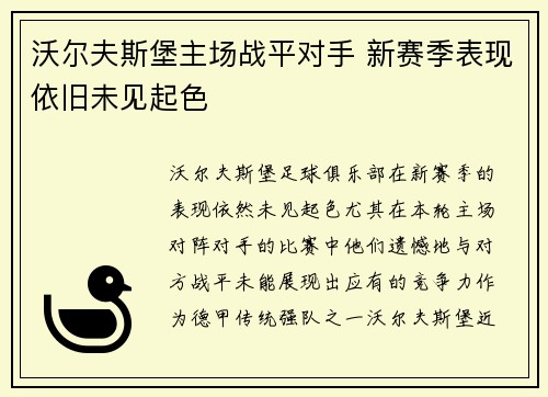 沃尔夫斯堡主场战平对手 新赛季表现依旧未见起色