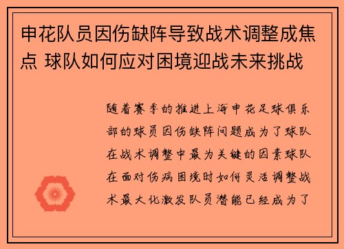 申花队员因伤缺阵导致战术调整成焦点 球队如何应对困境迎战未来挑战